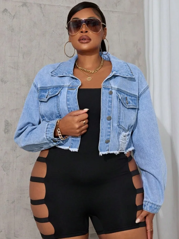Wmstar Plus Size Denim Outwear Women Wholesale A New Long Sleeved Jacket with Holes chothing Woman Elegant Luxury Clothes 2025