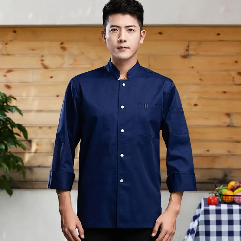 Chef Uniform Autumn Long Sleeve Chef Shirt Sweat-wicking Stand Collar Pocket Work Clothes Single Breasted Unisex Kitchen Top