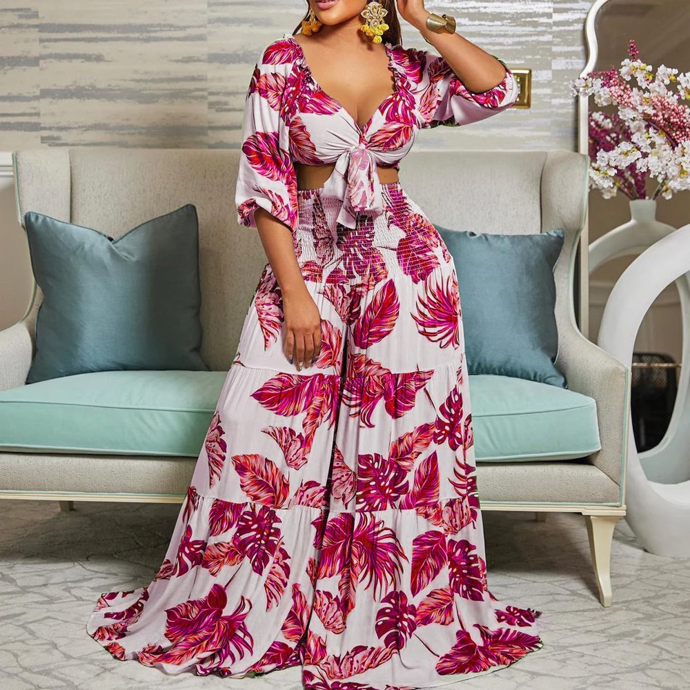 

Women 2 Pieces Pants Sets Printed Crop Top & Long Trousers Elegant Ladies Outfits Two Pieces Matching Pants Sets Wholesale Cloth