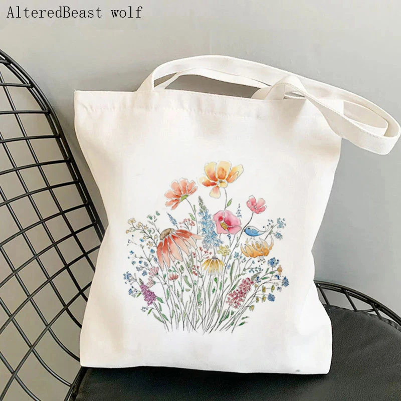 Women Shopper bag wild flower bouquet and blue Wildflowers Bag Harajuku Canvas Shopper Bag girl handbag Tote Shoulder Lady Bag