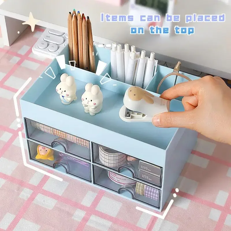 Cute Drawer Desktop Pen Holder Kawaii Large-capacity Desk Stationery Organizer Shelf Office School Student Cosmetics Storage Box