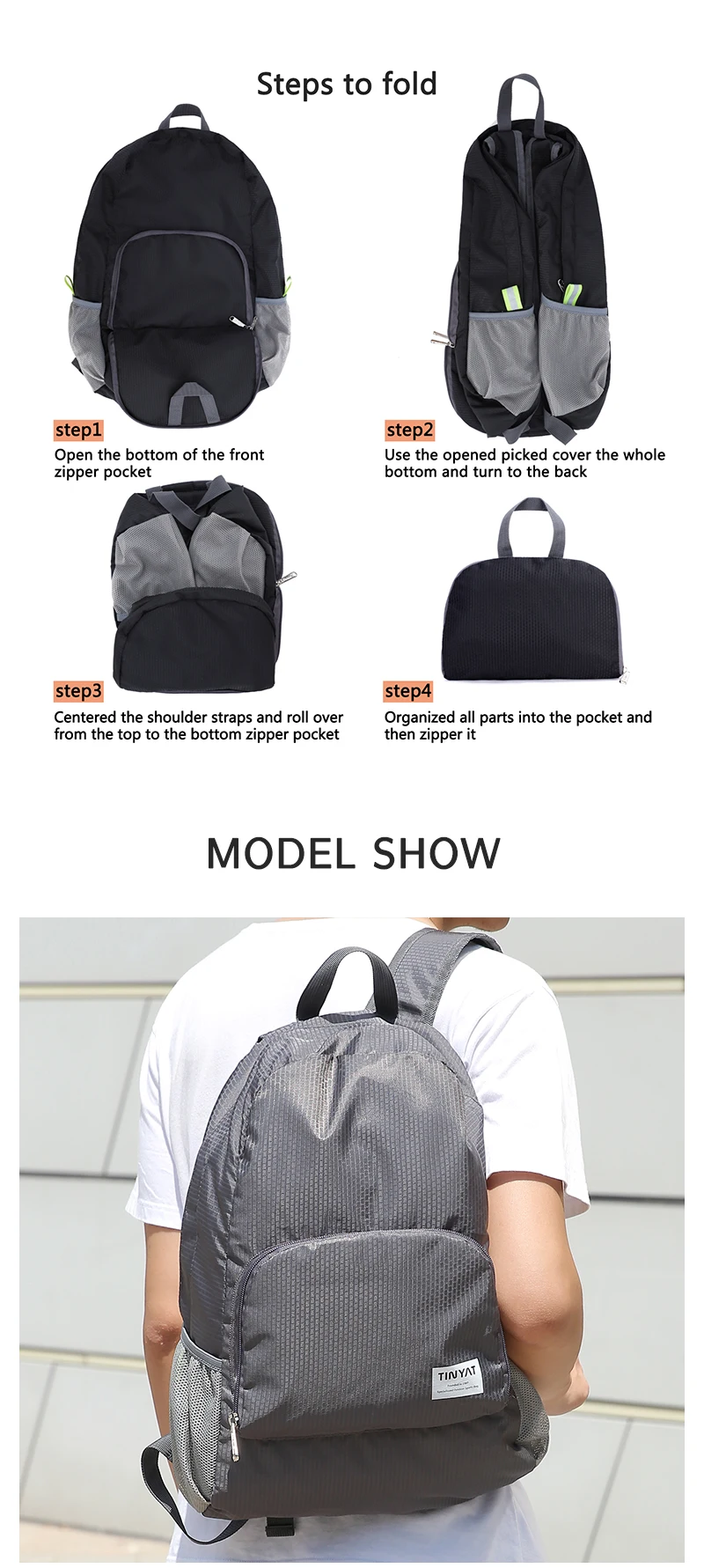 TINYAT 13L Ultraleichter faltbarer Rucksack, wasserdichte Outdoor-Klettertasche für Reisen, Radfahren, Fitnessstudio, täglicher Gebrauch – Detail 6