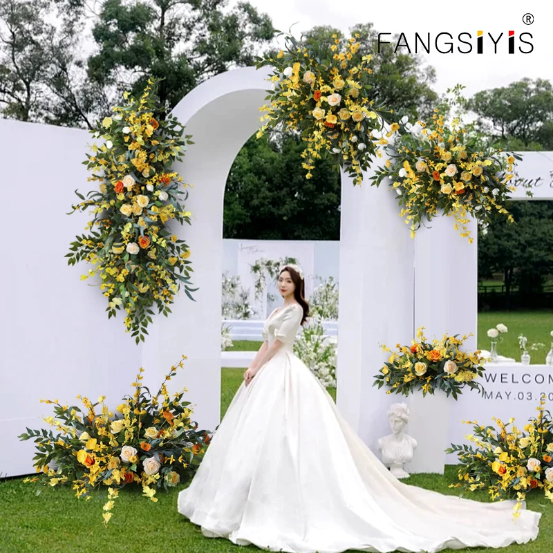 

Luxury yellow Wedding Floral Set Rose Orchid Artificial Flower Row Table Centerpiece Floral Ball Welcome Sign Flowers Party Prop