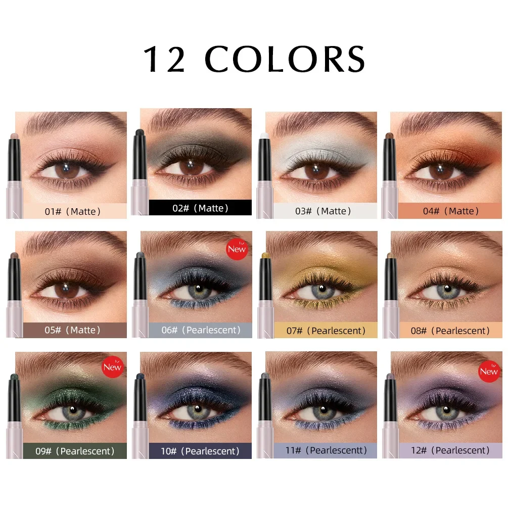 12 Colors Pearlescent Eyeshadow Eyeliner Pencil Waterproof Glitter Matte Nude Eye Shadow Makeup Pigment Silkworm Eyeshadow Pens