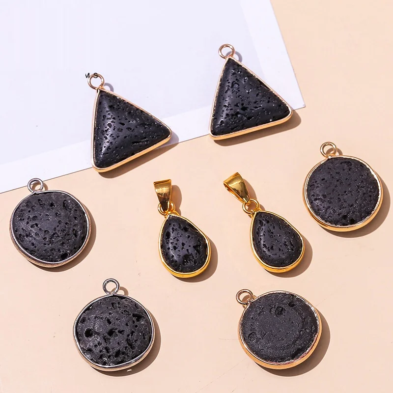 

12pcs Cross Charms Black Lava Stone Pendants Water Drop Round Triangle Shaped Necklace Jewelry Making Wholesale