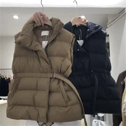 2022 autumn winter new down jacket solid color drawstring waist slimming stand collar sleeveless down vest jacket women