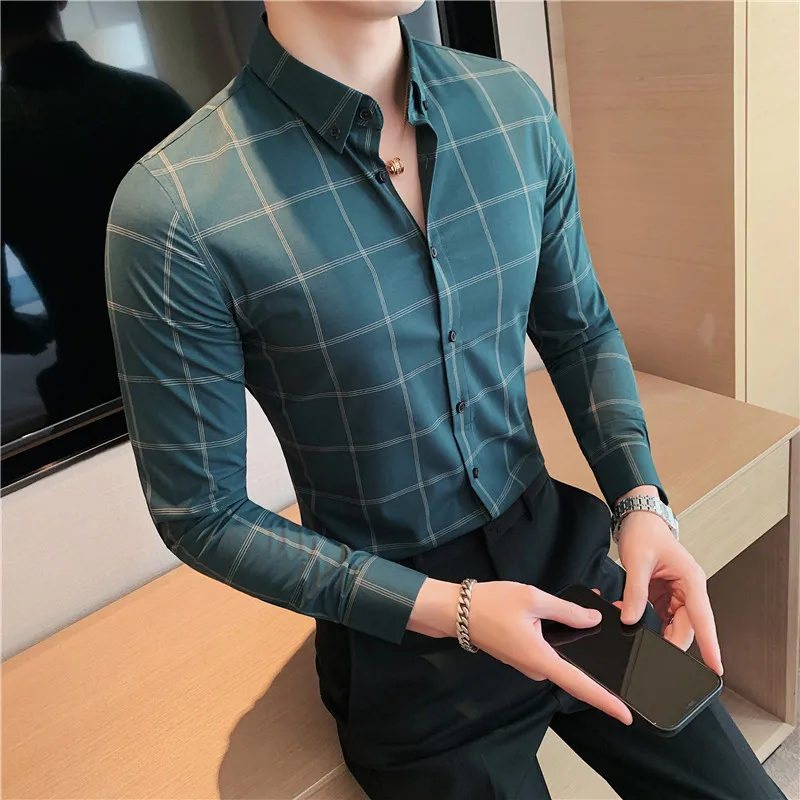 2022 Brand Clothing Business Casual Plaid Shirt Men's Formal Workwear Wedding Dress Slim Social Party Clothes Checked Shirt 4XL