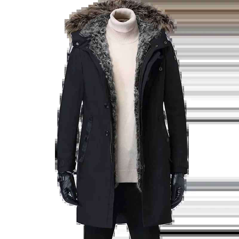 

Men's Winter Jacket Warm Mens Fur Coat Male Parkas Medium Long Lamb Wool Liner Thick Overcoat Casaco De Pele Masculino ZT