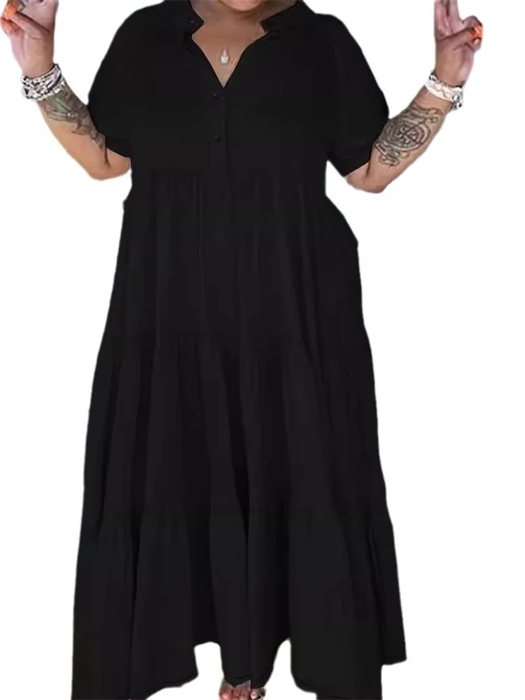 Wmstar Plus Size Dresses for Women 2025 Casual Loose Button Summer Holiday Clothes Black Maxi Dresses Wholesale Dropshipping