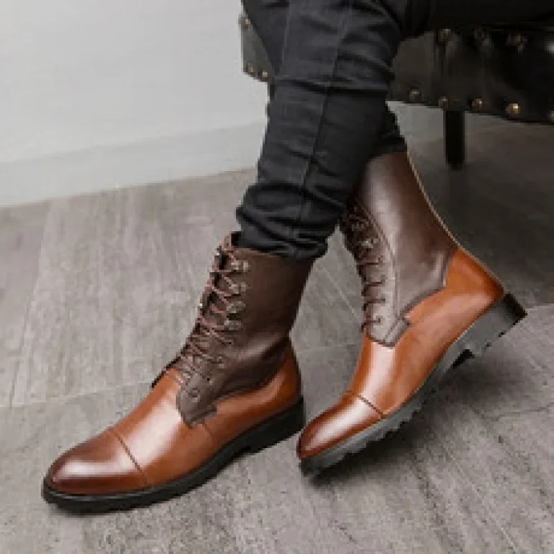 Mens Chelsea Boots Casual Pointed Toe Man Shoe Vintage Leather Footwear Men High Top Boots Lace-up Motorcycle Shoes
