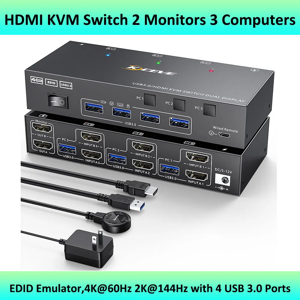 

HDMI KVM Switch Dual Monitor KVM Switch USB 3.0 2 Monitors 3 Computers, EDID Emulator,4K@60Hz 2K@144Hz with 4 USB 3.0 Ports