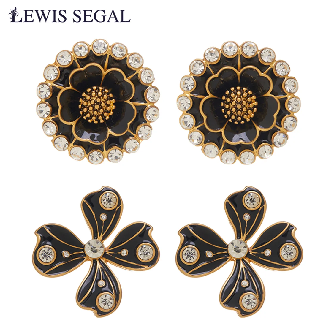 

LEWIS SEGAL Black Flower Enameled Stud Earrings for Women Luxury Medieval Style Fine Jewelry Rhinestones 18K Gold Plated