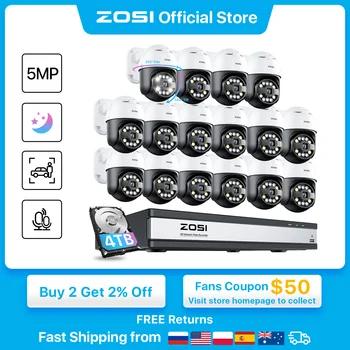 ZOSI 4K 16CH PoE 보안 카메라 시스템 AI 얼굴 사람 차량 감지 5MP 야외 자동 추적 PTZ CCTV 감시 카메라