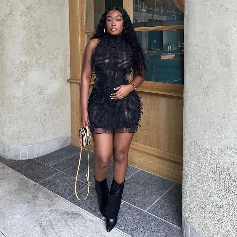 

Black Sheer Mesh Tassel Bodycon Mini Dress Women Sexy See Through Sleeveless Summer Party Clubwear Fashion Streetwear Vestidos