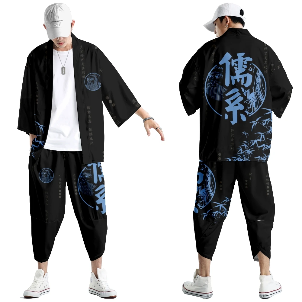 Two-piece Suit Oversize XXS-6XL Japanese Style Fashion Kimono And Pants Set Men Cardigan Blouse Haori Obi Asian Clothes