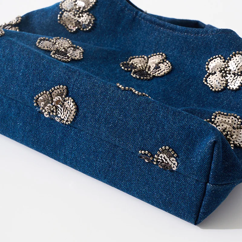 Creative Star Dream Denim Handbag Women's Tote Bag Glittering Floral Vintage Small Ladies Bag Soft Open Top Internal Structure