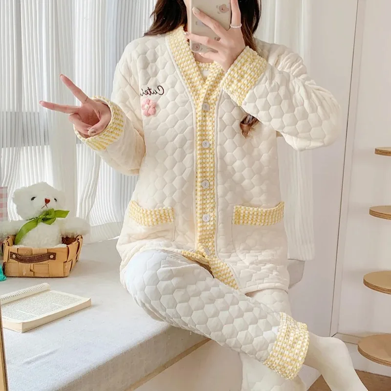 3pcs Sets Autumn Winter Warm Cotton Padded Maternity Nursing Sleepwear Breastfeeding Pajamas Pregnancy Home Lounge Hospital Wear