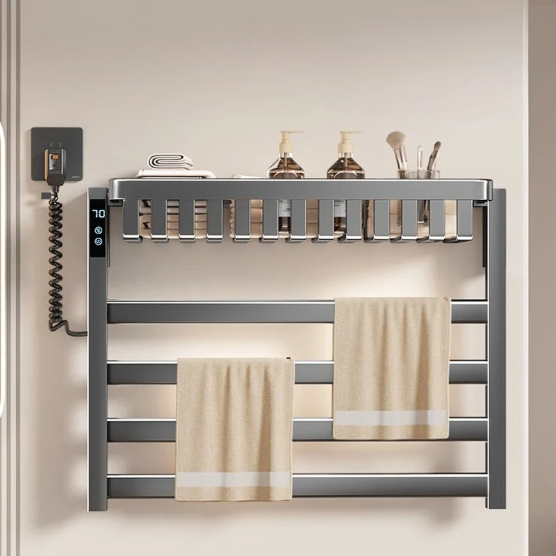 ราวแขวนผ้าเช็ดตัวแบบใช้ความร้อนโลหะ ระบบทำความร้อนอัจฉริยะ ป้องกันแบคทีเรีย ราวแขวนผ้าไฟฟ้าแบบพับได้ ประหยัดพลังงาน อุปกรณ์เสริมในห้องน้ำ 1