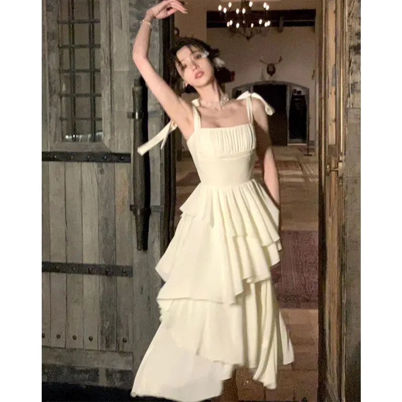 

2024 French Elegant Women Wedding Party Dress Fashion Vintage A Line Tierred Robe Female Sundress Retro White Dress Vestido Pink