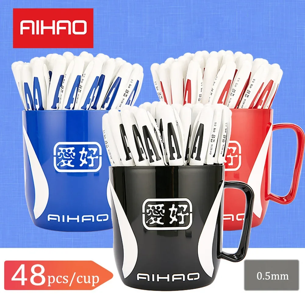 Top Brand Promotions! 48pcs Gel Pen AIHAO 801A 0.5mm Cap Neutral Ink Pen Exam Essential School and Office Supplies for Smooth