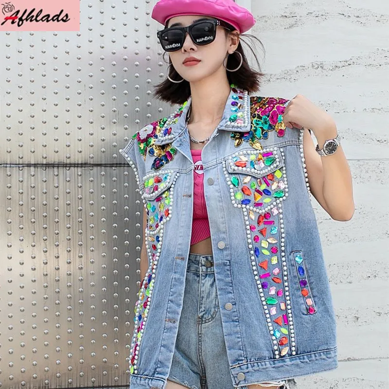 

Fashion Designer New Embroidered Sequin Diamonds Denim Outerwear High Quality Streetwear Beading Women Sleeveless Jackets