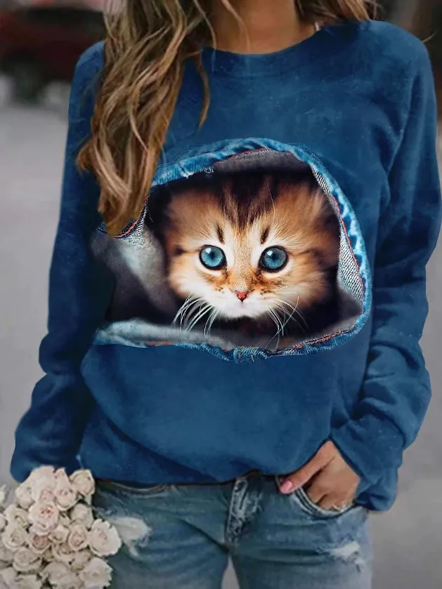 

2023 Spring and Autumn New Thin Cat Print Round Neck Casual Women's Long Sleeve Sweater Female and Lady Fashion Tops Clothing