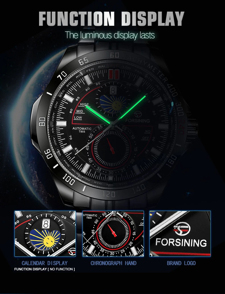 Forsining Two Dial Calendar Stainless Steel Men Mechanical Automatic Wrist Watches Top Brand Luxury Military Sport Male Clock