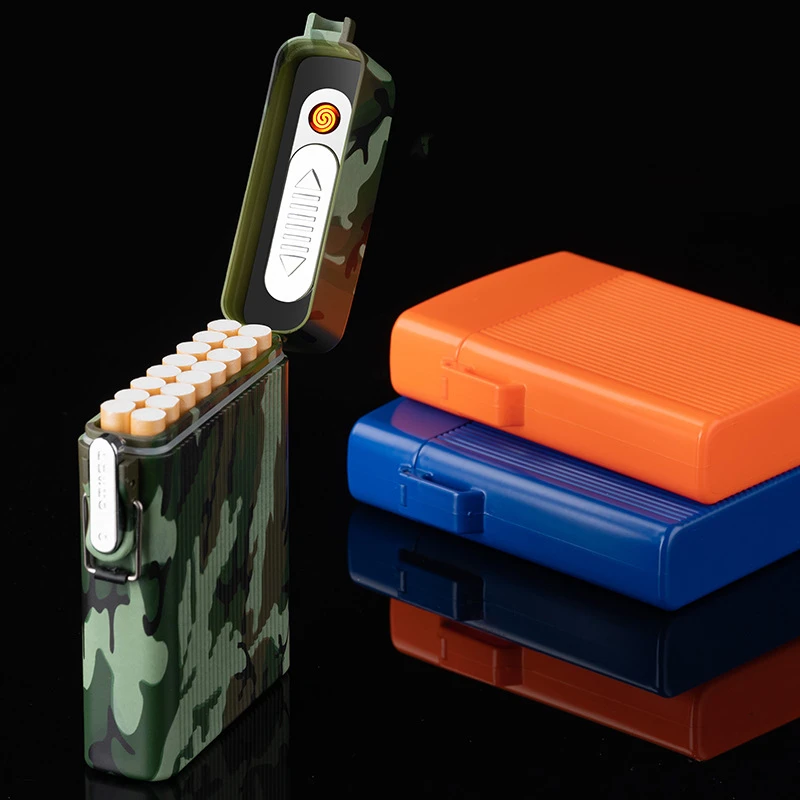 

New Creative USB Rechargeable Lighter Outdoor Windproof Waterproof Cigarette Case 16 Pieces Tungsten Wire Lighter Men's Gift