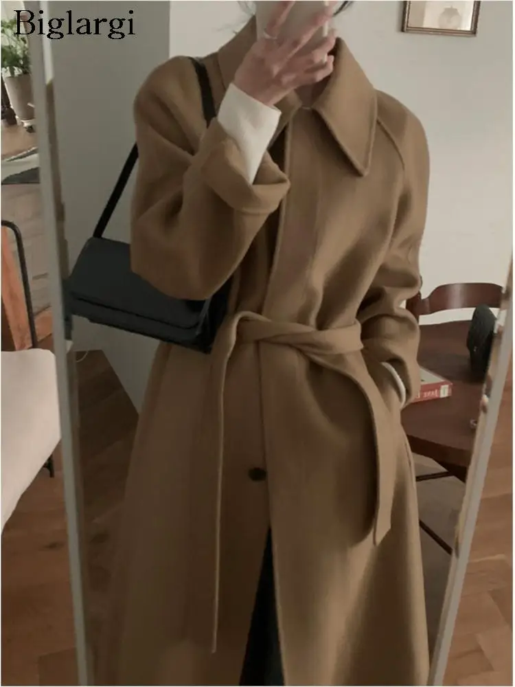 

Зимнее шерстяное длинное пальто, Женская Корейская винтажная модная плиссированная Дамская куртка с длинным рукавом, повседневные свободные женские куртки, пальто 2023