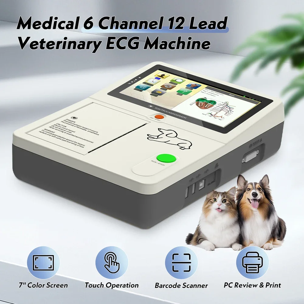 6 Channel 12 Lead Veterinary ECG Machine 7"Touch Screen Vet Electrocardiograph For Pets with Thermal Printer