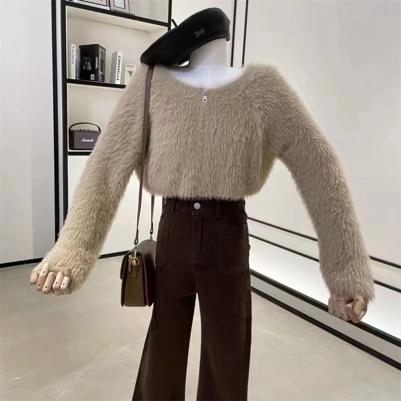 Fashion New Hippocampus Hair Women's Crew Neck Sweater Elegant Solid Color Office Short Long-sleeved Zipper Jacket