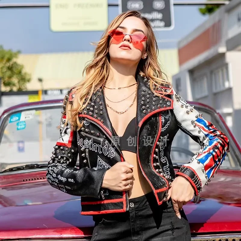 Rivets Motorcycle Leather Jacket Women 2024 Trend Rock Punk Style Streetwear Graffiti Print Faux Leather Cropped Jacket