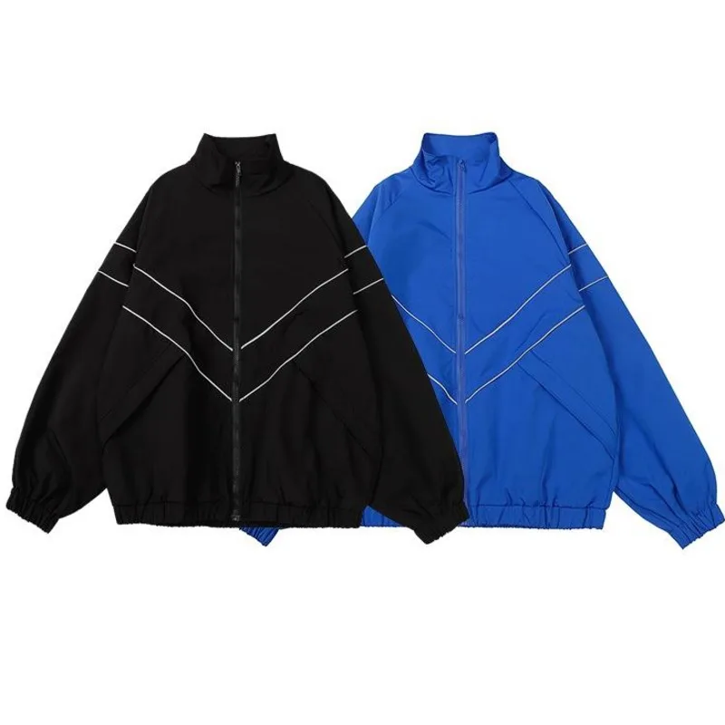 

Men's Reflective Striped Jackets 2024 New American Fashion Casual Standing Collar Zipper Up Windbreaker Coat Hip Hop Streetwear