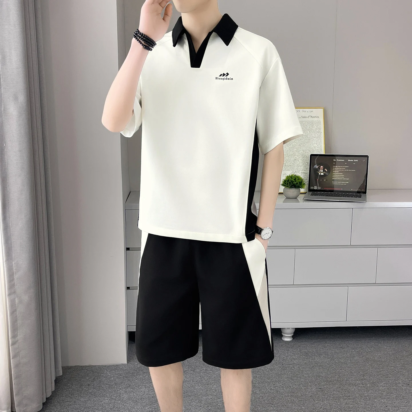 남성용 캐주얼 스포츠웨어 세트 2026년 여름 반팔 폴로셔츠 및 반바지 폴리에스..