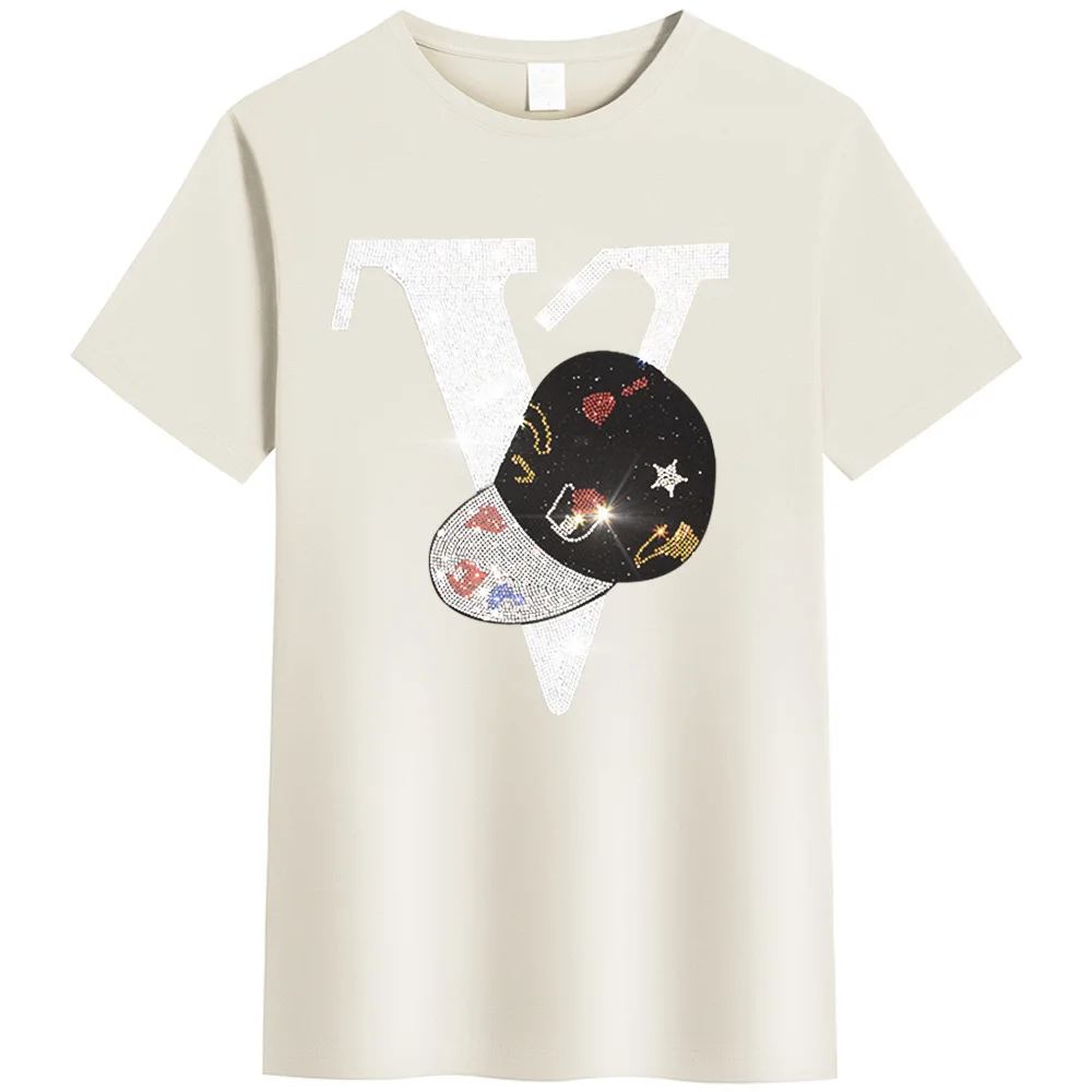 【emis】25HS新作★LETTERING RHINESTONE T-SHIRT 2025 Men's Summer Short Sleeve V-shaped Diamond T-shirt Men