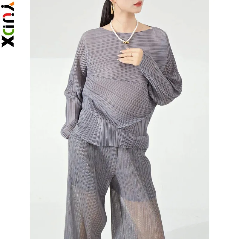 

YUDX Miyake Pleated Irregular T-shirt For Women 2024 Spring Slash Neck Long Sleeves Solid Color Chic Top Female Clothing