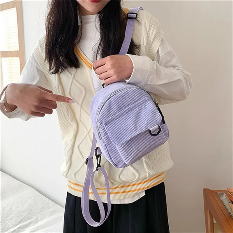 Mini zaino da donna moda tinta unita velluto a coste piccolo semplice Casual viaggio grande capacità durevole zainetto femminile - immagine 2