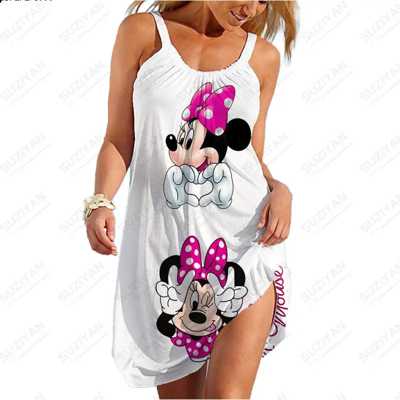 

2023 Summer New Sexy Strap Beach Dress Disney Mickey Mouse Minnie Women's Sleeveless Strap Dress Hawaii U-Neck Women's Top