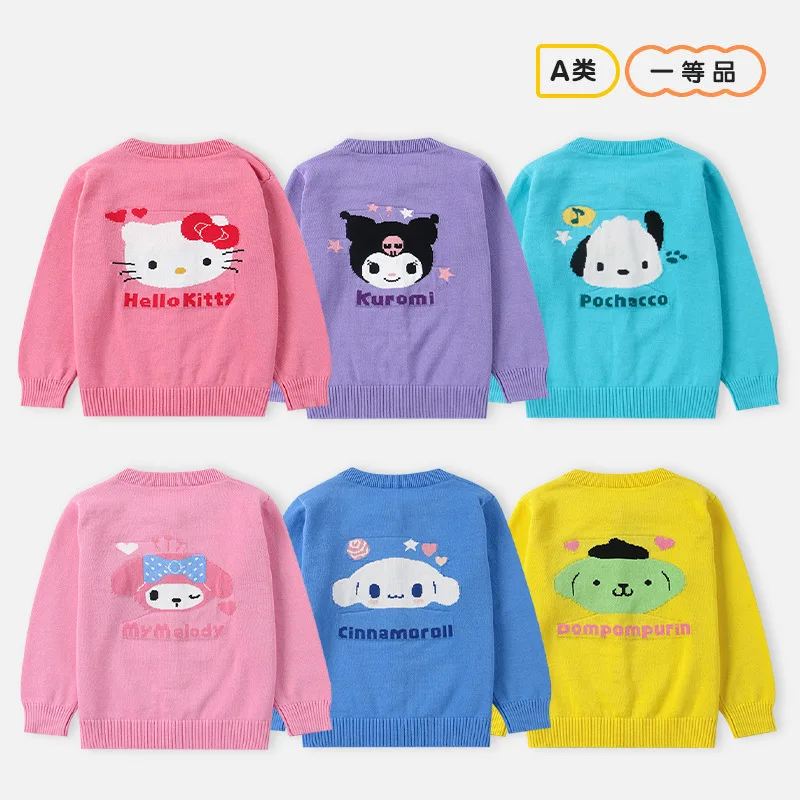 Anime Sanrio Children Sweater Hello Kitty Autumn Cartoon My Melody Cinnamoroll Girl Long Sleeve Cardigan Knit Jacket Kids Gift