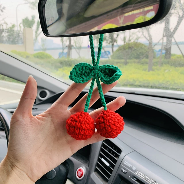 Cute Cherry Crochet Car Mirror Hanging Accessories For Women Teens Interior  Rear View Mirror Animal Charm Decor - Ornaments - AliExpress