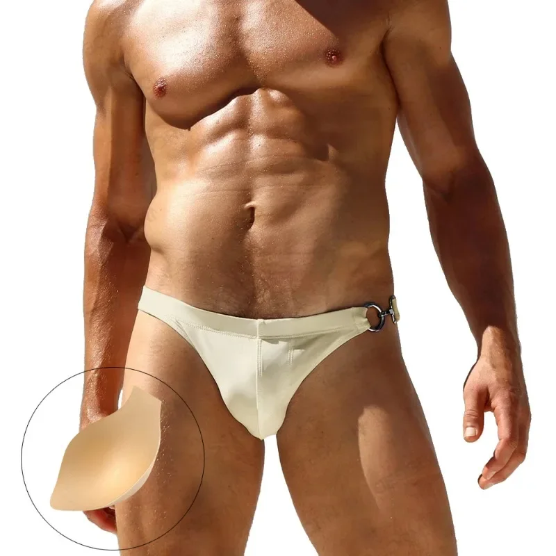 Fashion Unilateral Metal Buckle Swimwear Men Sexy Swimming Trunks Sport Board Beach Shorts Swimsuit Surfing Bathing Suits