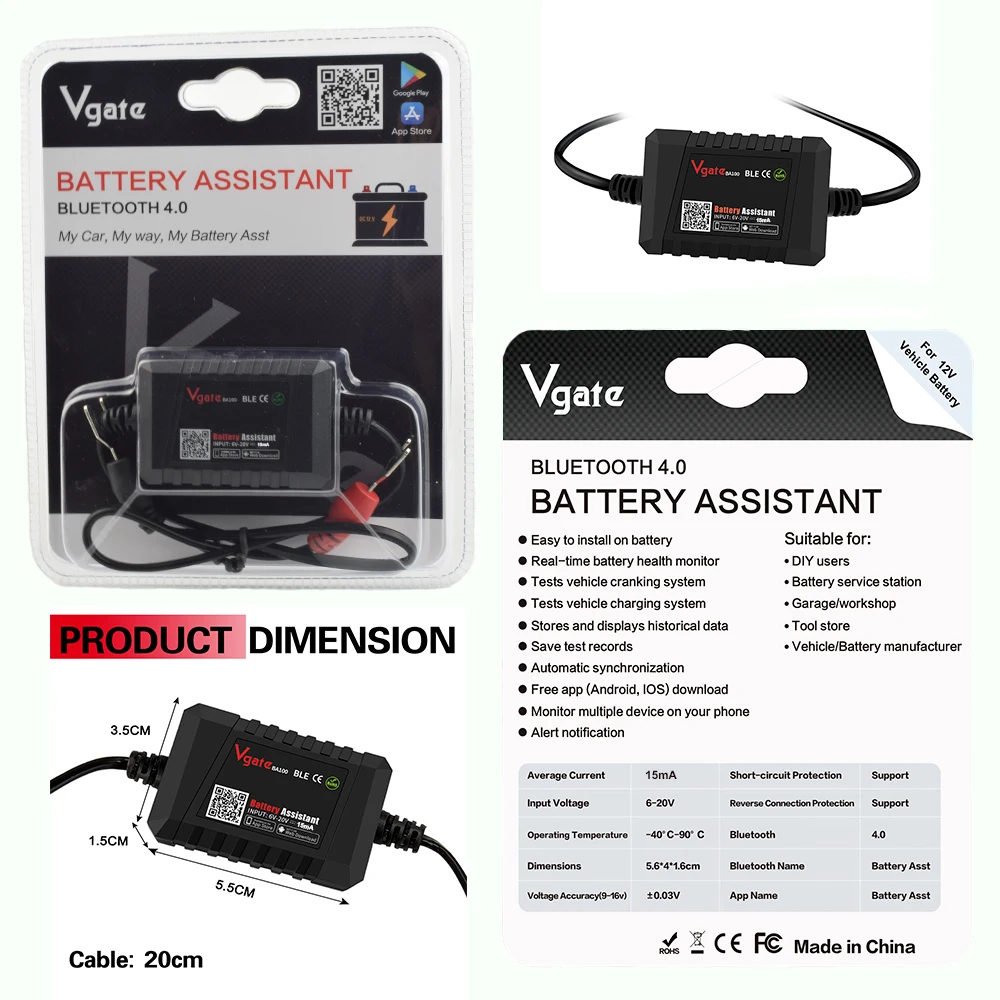 Vgate BA100 Car Battery Tester Bluetooth 4.0 Wireless 6~20V Battery Load Tester Monitor for Android & iOS