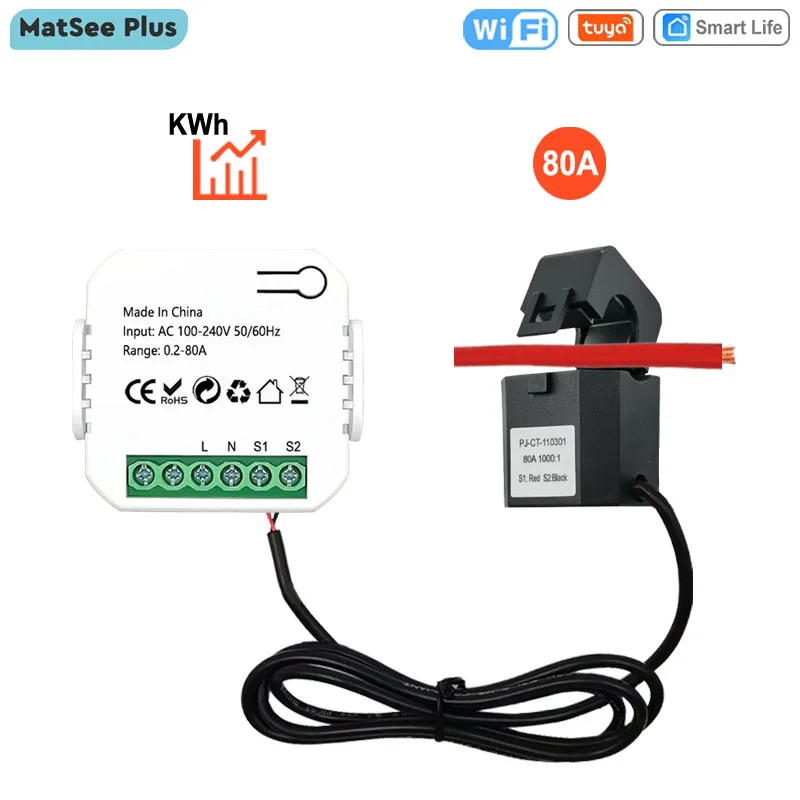 Tuya Smart Life WiFi Digital Energy Meter 80A with Current Transformer Sensor Clamp App Monitor Power DIY 110V 240V 50/60Hz телевизор led starwind 32 sw led32sg300 яндекс тв hd 60hz dvb t dvb t2 dvb c dvb s dvb s2 usb wifi smart tv