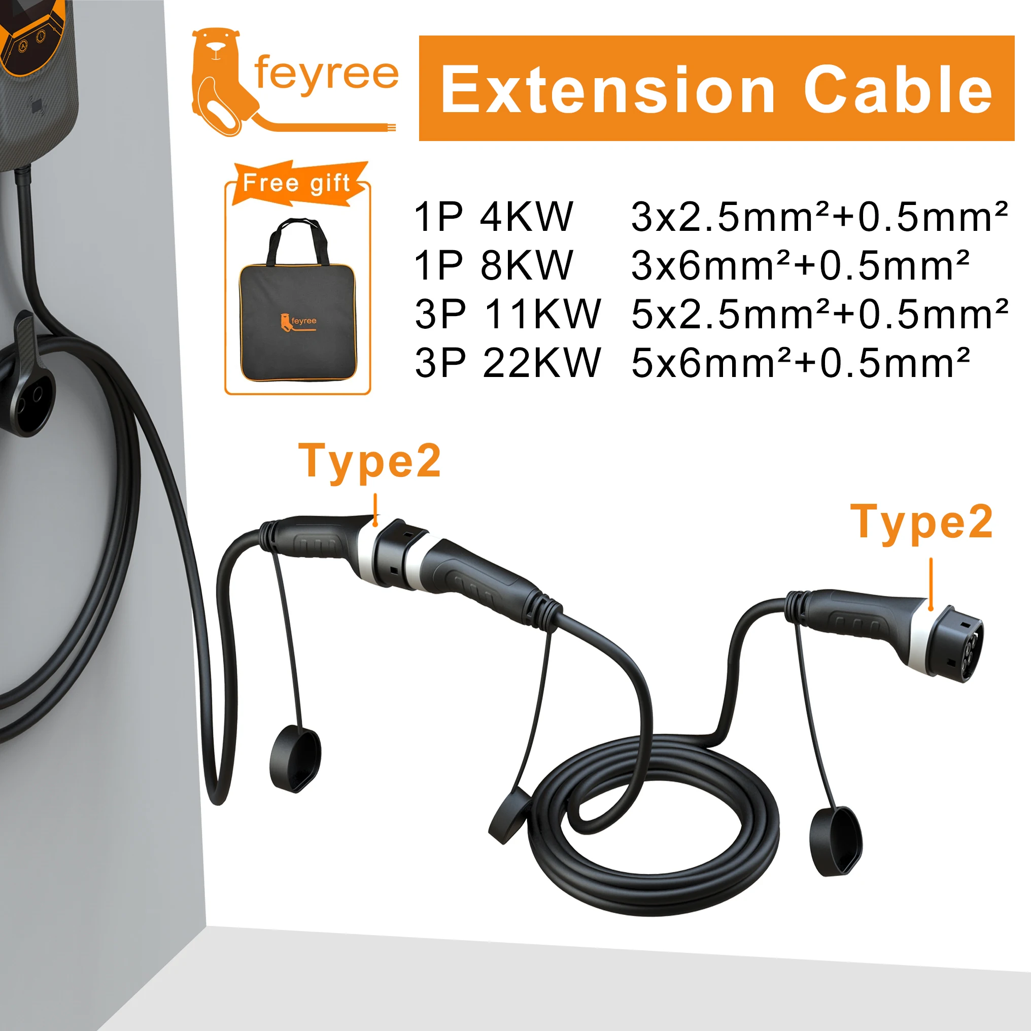 Feyree Electric Vehicle Household Commercial Charging Pile Second Generation Ac Charging Gun European Standard Double Gun Head 5m Cable