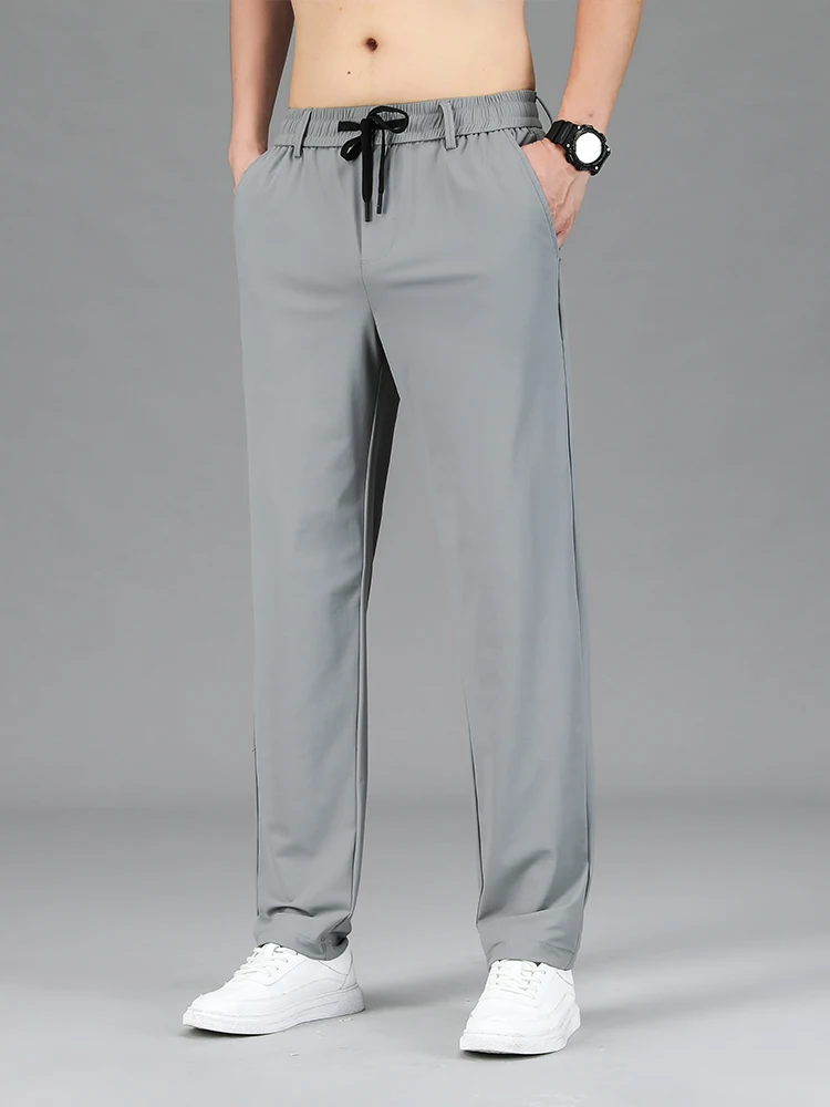 Men Clothing High Quality Casual Pants Summer Thin Ice Silk Straight Drawstring Elastic Waist Jogger Sweatpants Trousers Male 3