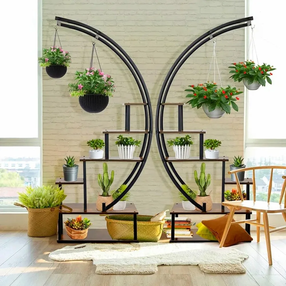 Elevens 2 Pcs 6 Tier Tall Metal Indoor Plant Stand Half-Moon-Shaped Plant Shelf Holder Multi-Purpose Stands plants decor p