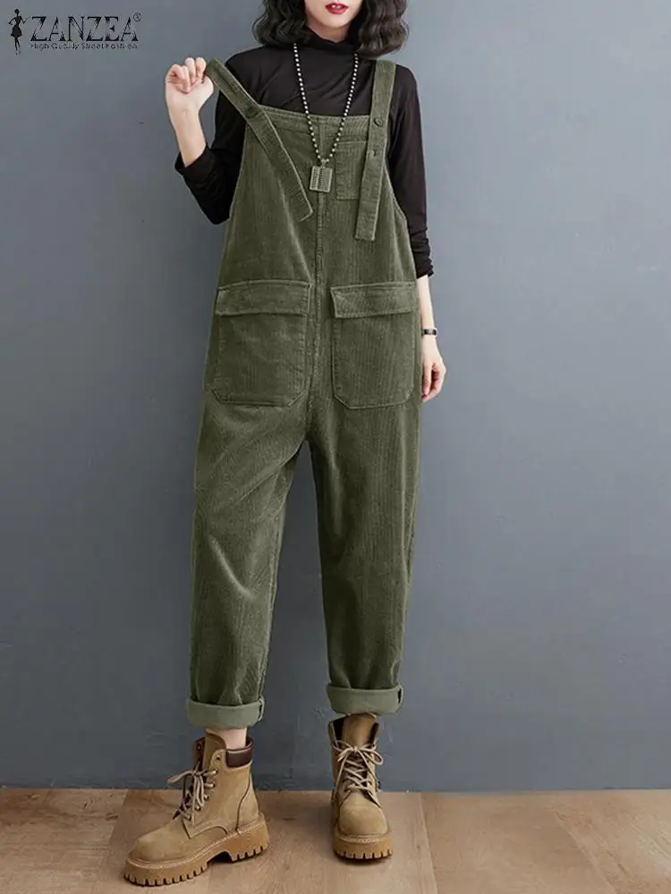 

Fashion Suspenders ZANZEA Women Overalls Vintage Corduroy Rompers Elegant Sleeveless Square Collar Jumpsuit Holiday Playsuits