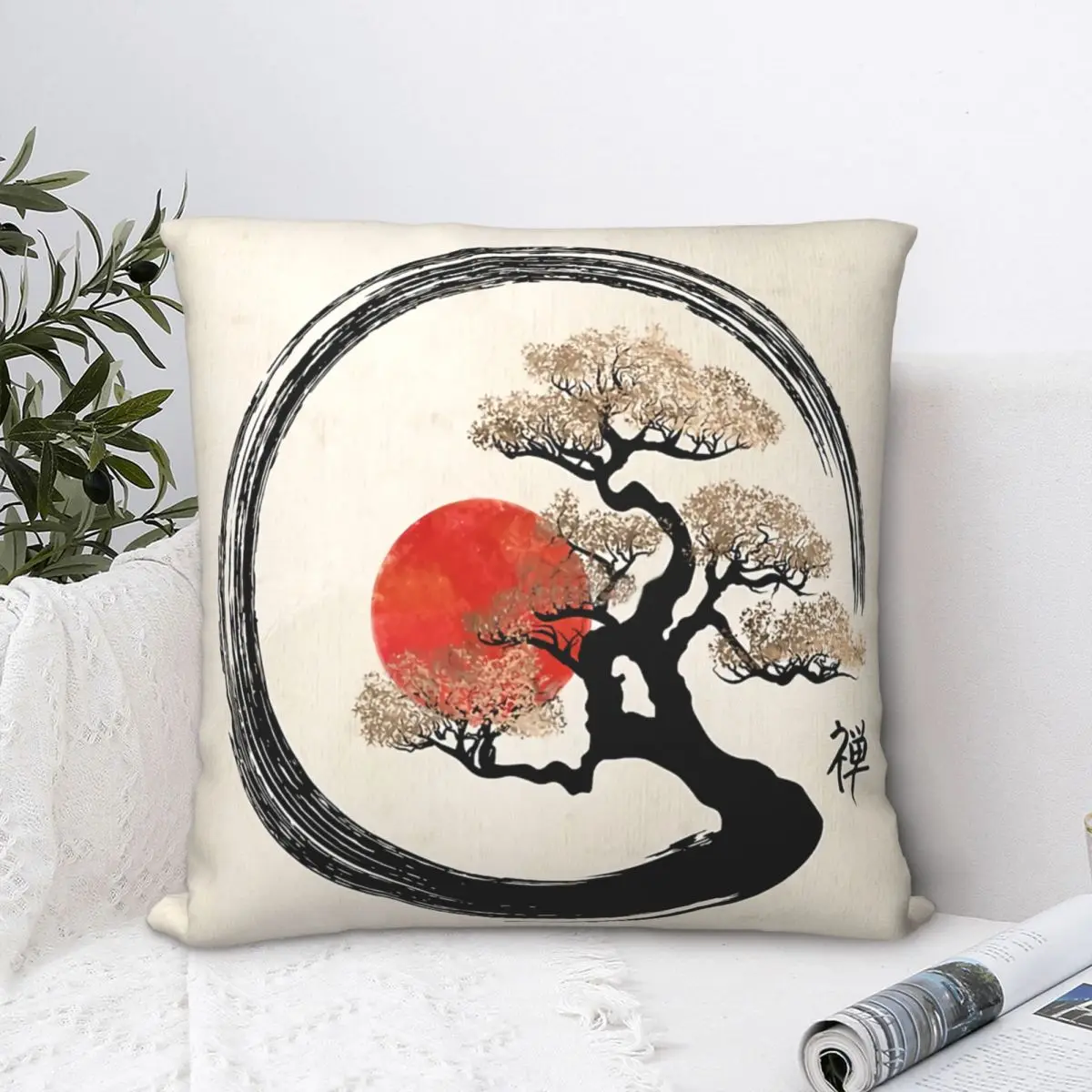 

Enso Circle And Bonsai Tree On Canvas Throw Pillow Case Backpack Cojines Case DIY Printed Kawaii For Sofa Decor