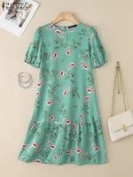ZANZEA 2025 Women Floral Print Knee-Length Dresses Summer O-Neck Short Puff Sleeve Ruffled Hem Dress Everyday Wear 4 Colors