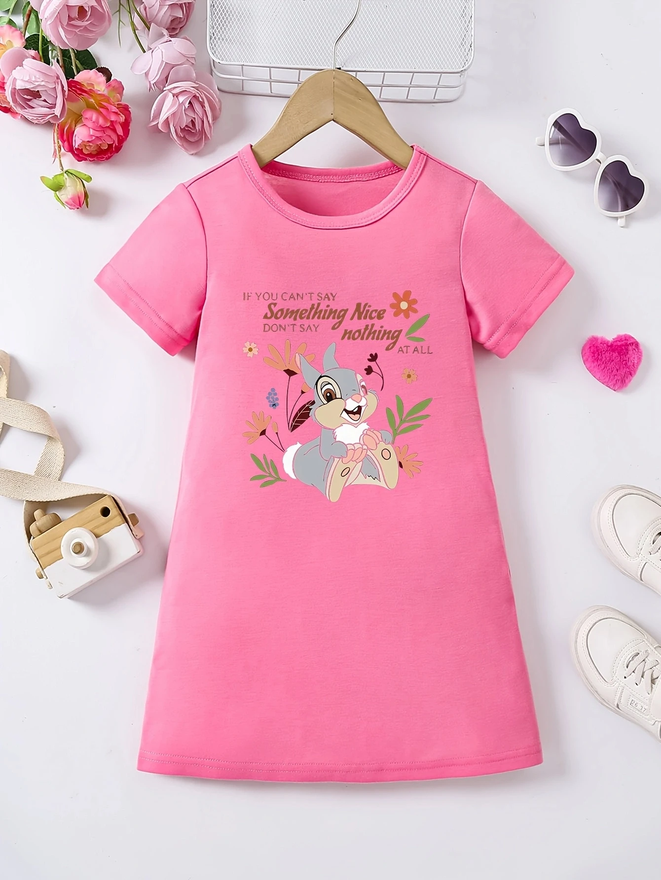 Cute summer fashion cartoon printed casual dress for girls, soft, breathable, and elastic polyester fiber blend dress